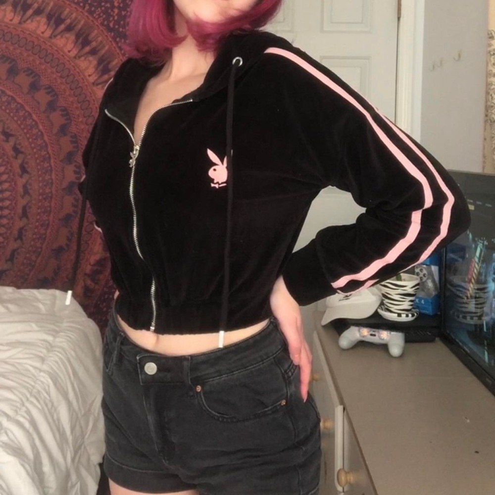 PLAYBOY Black Hoodie with Pink Stripes - Picture 2 of 8